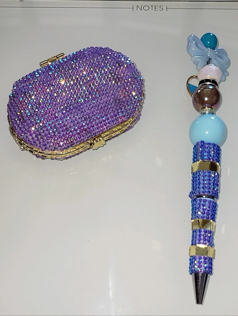 Handcrafted Rhinestone Compact Mirror & Beaded Pen Gift Set Purple Blue Sparkle